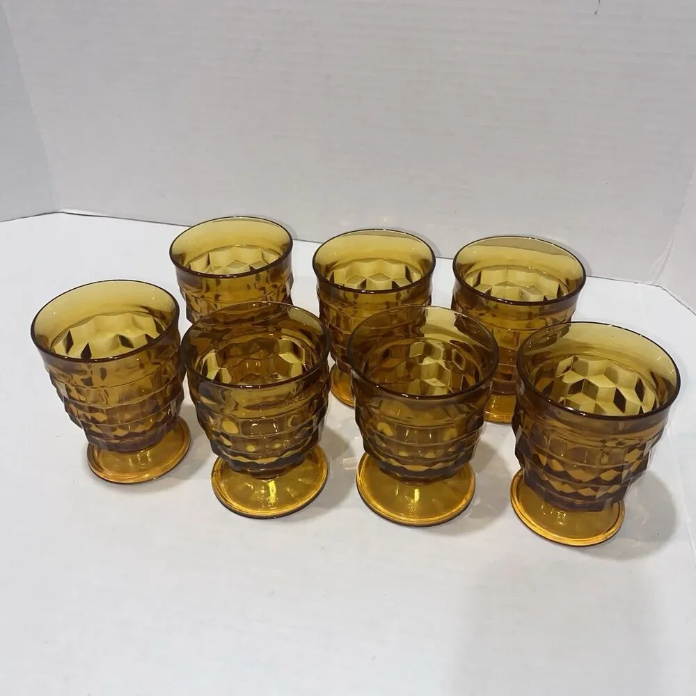 Vintage Indiana Glass Amber Whitehall Cubist Footed Tumblers (7) One Is Chipped